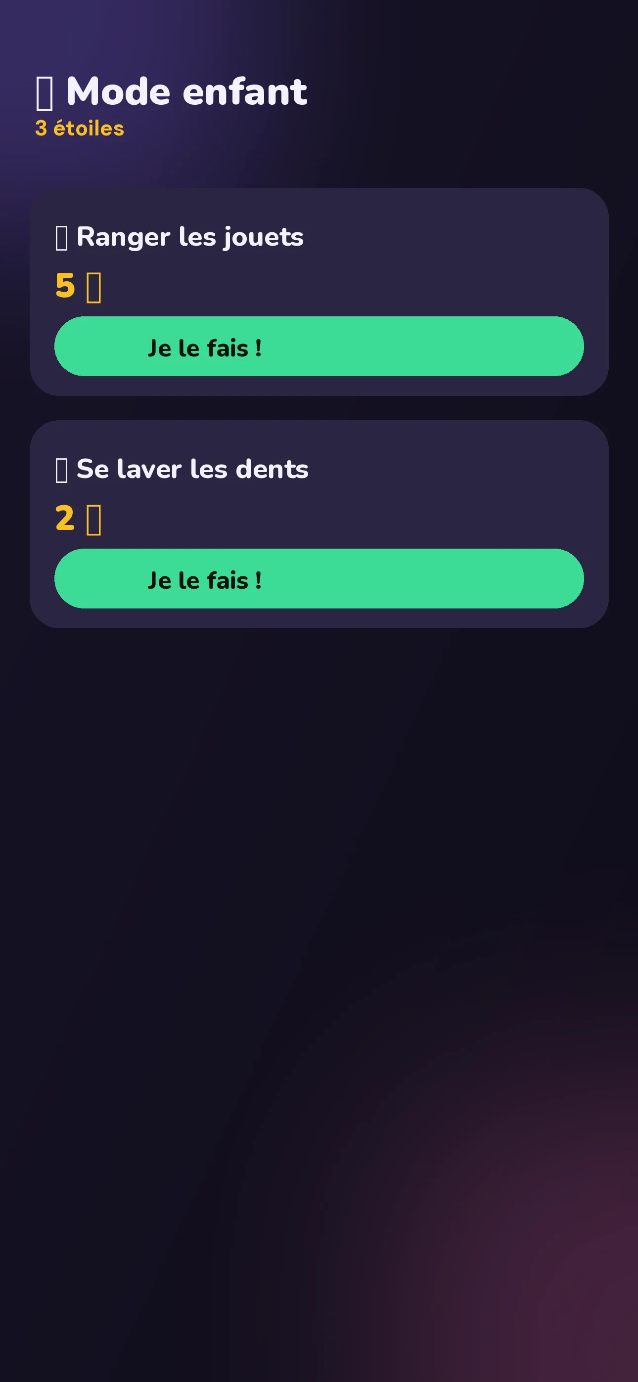 Mode enfant avec grosse interface et étoiles