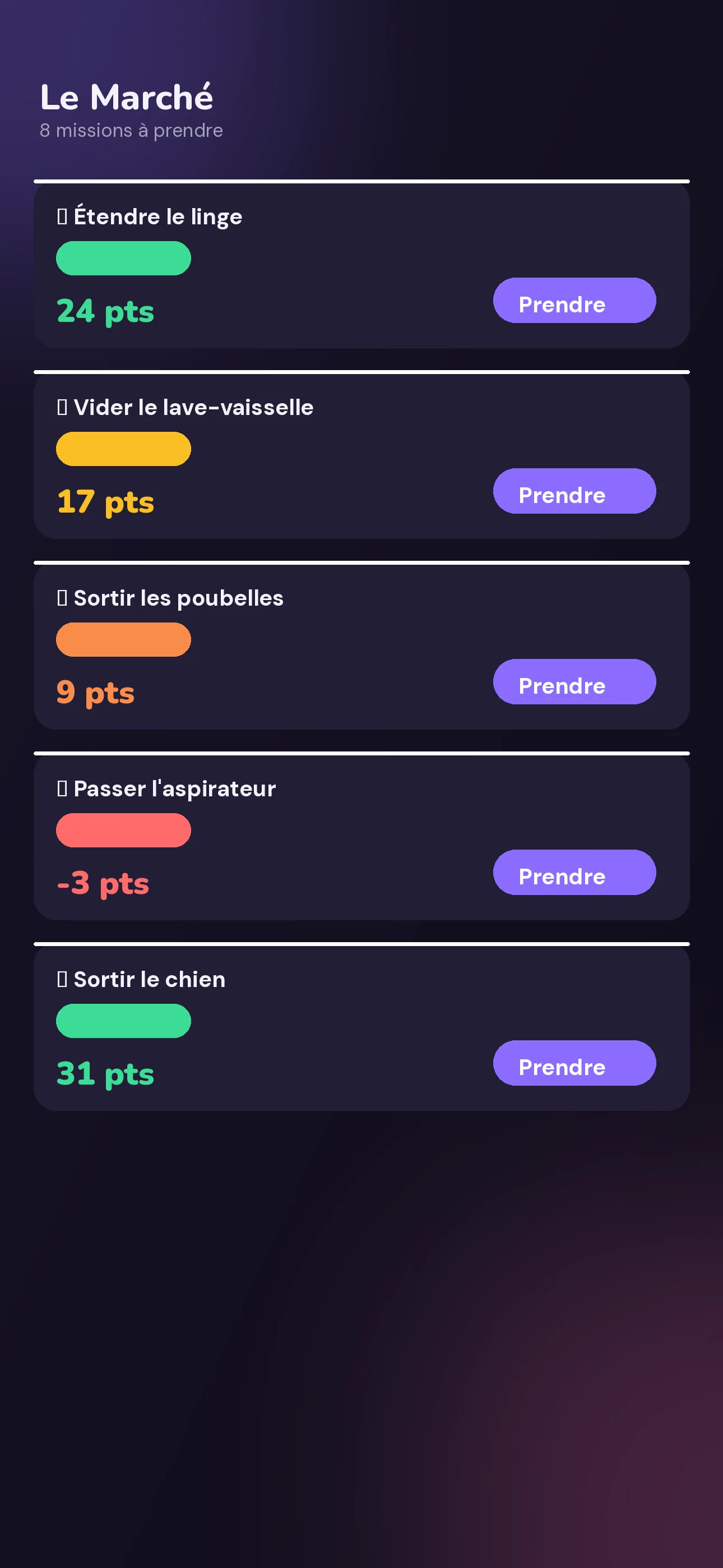 Aperçu du Marché dans l'app Clinchy : missions avec prix qui décote et badges d'urgence