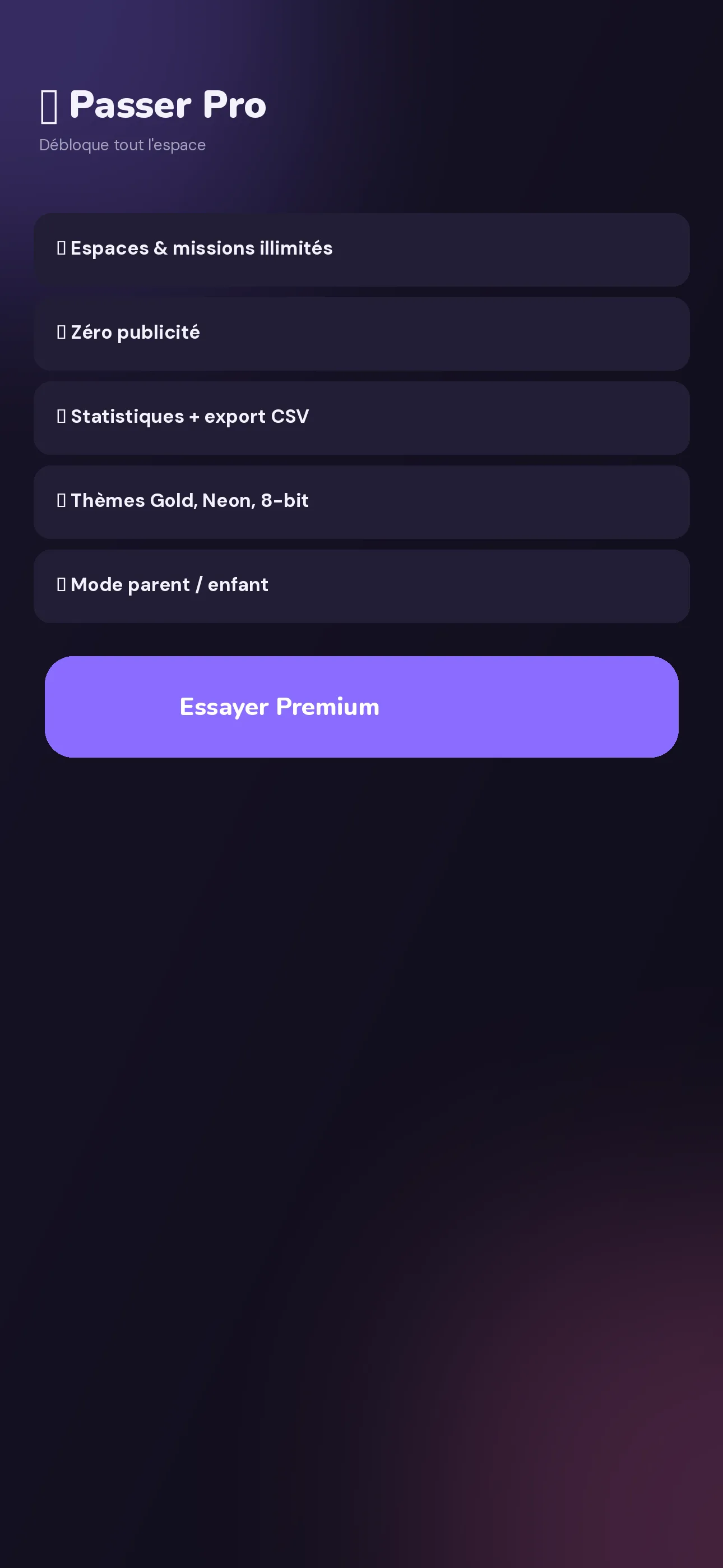 Écran de présentation de l'abonnement Premium