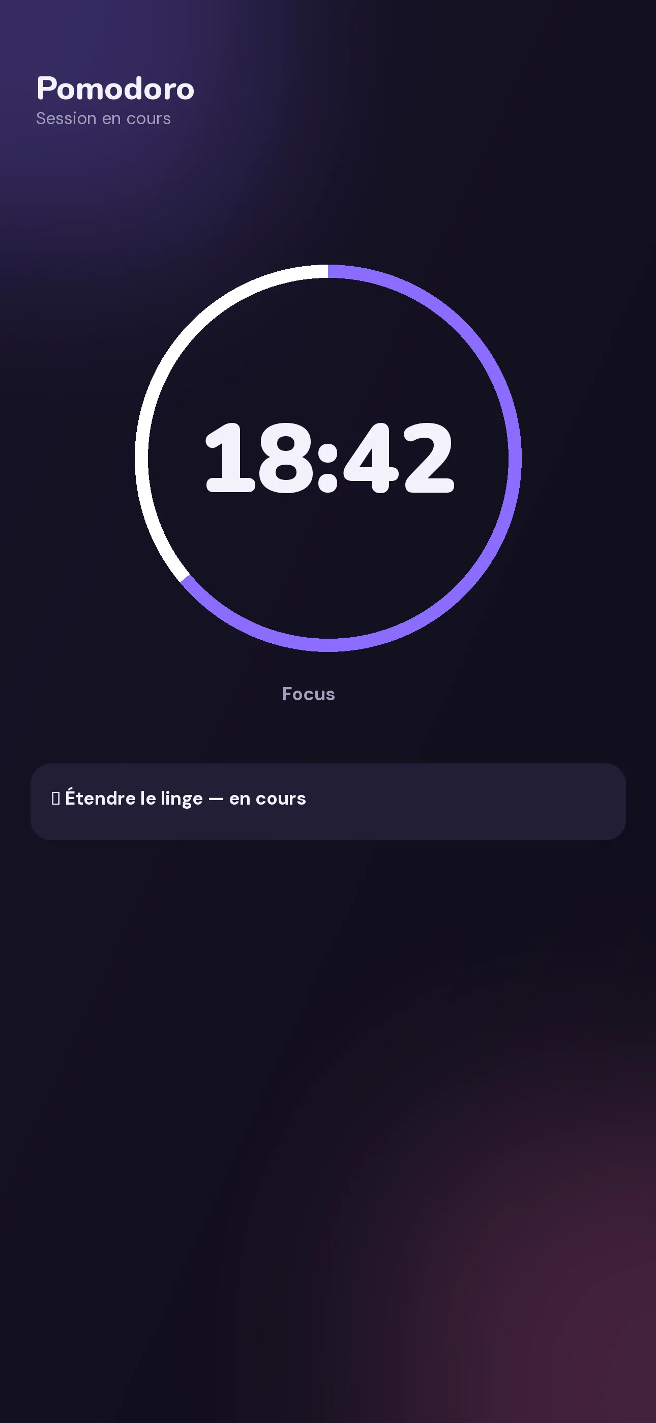 Minuteur Pomodoro intégré au-dessus des missions en cours