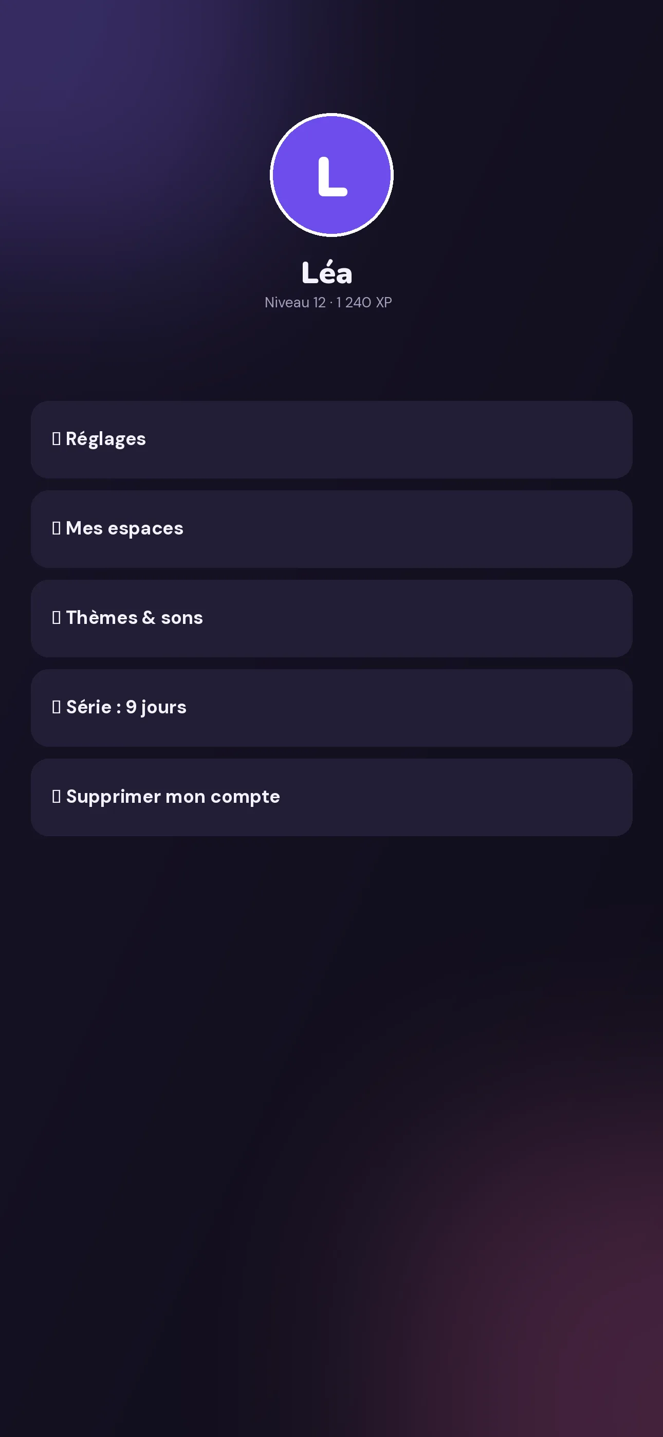 Profil avec niveau, XP et série en cours